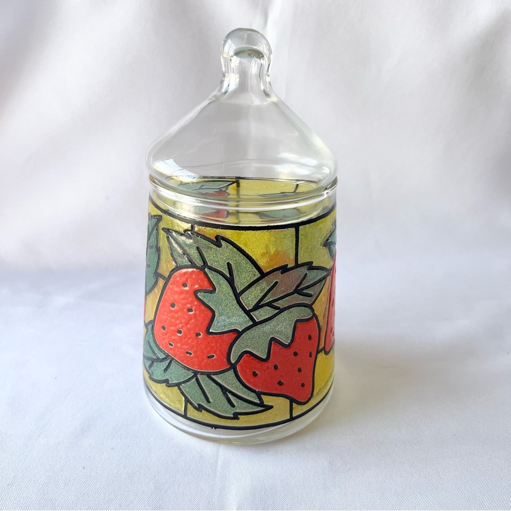 Vintage Libbey Strawberry Stained Glass Pattern Covered Jar